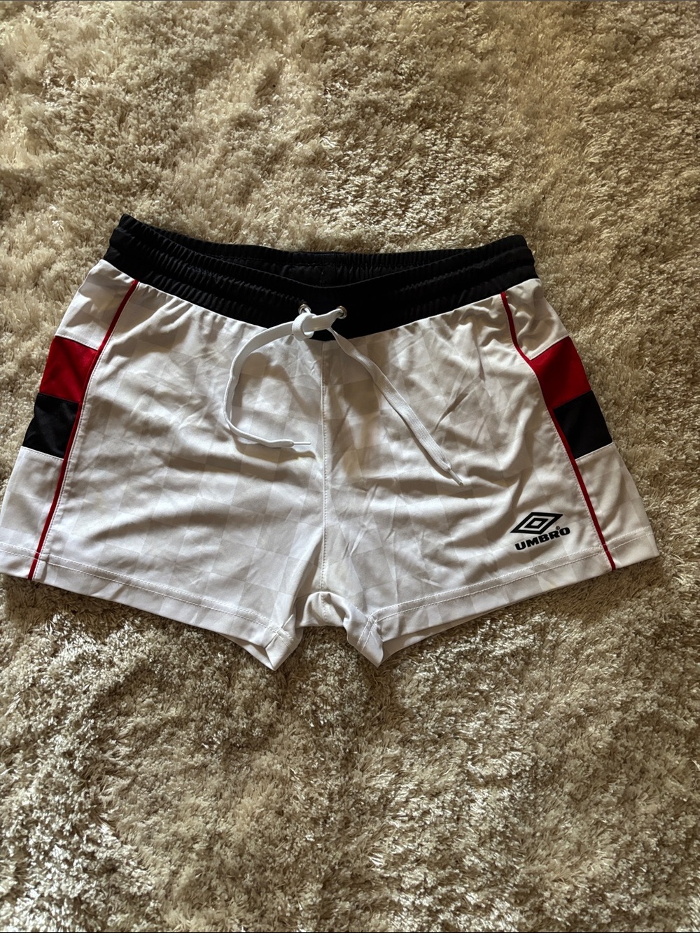Umbro White Shorts with Black Waistband and Red/Black Side Stripes
